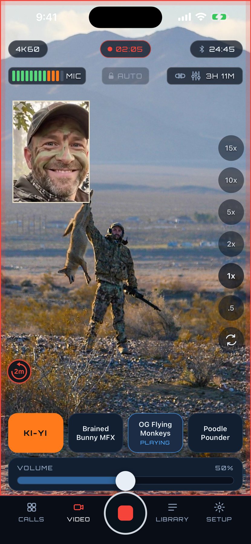 The PREYR camera with the Killshot pre-roll button at 2 minutes and a 2SHOT reaction inset