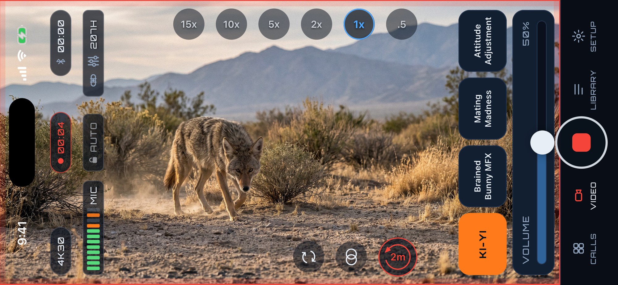 Pro Video filming a coyote at 10x zoom while PREYR plays a call